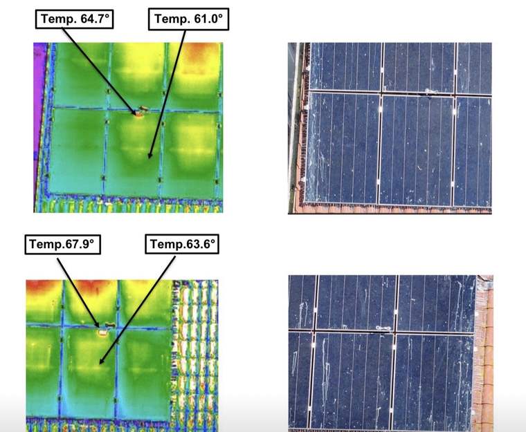 Dettagli dei moduli: termografia e ripresa visibile affiancate con temperature