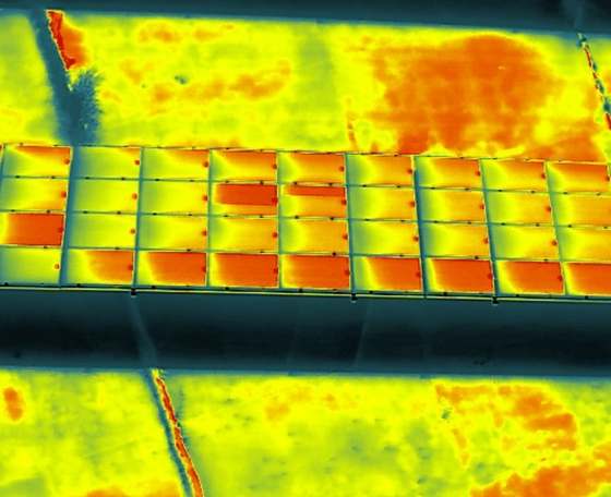Termografia di una fila di moduli con riscaldamento disomogeneo