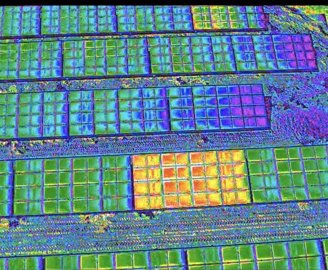 Termogramma con palette ad alto contrasto: un gruppo di moduli più caldo degli altri